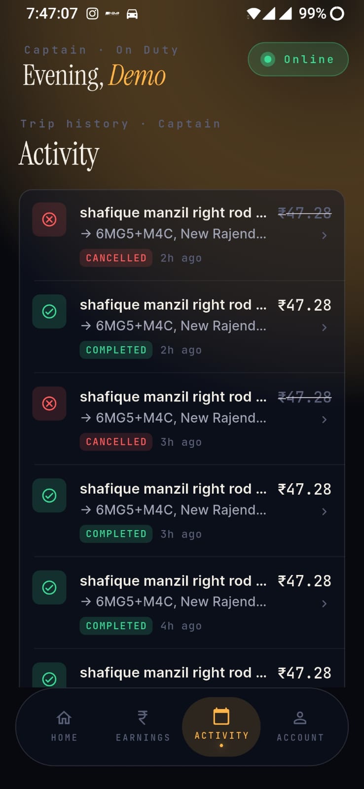 Zoride Captain app — activity screen